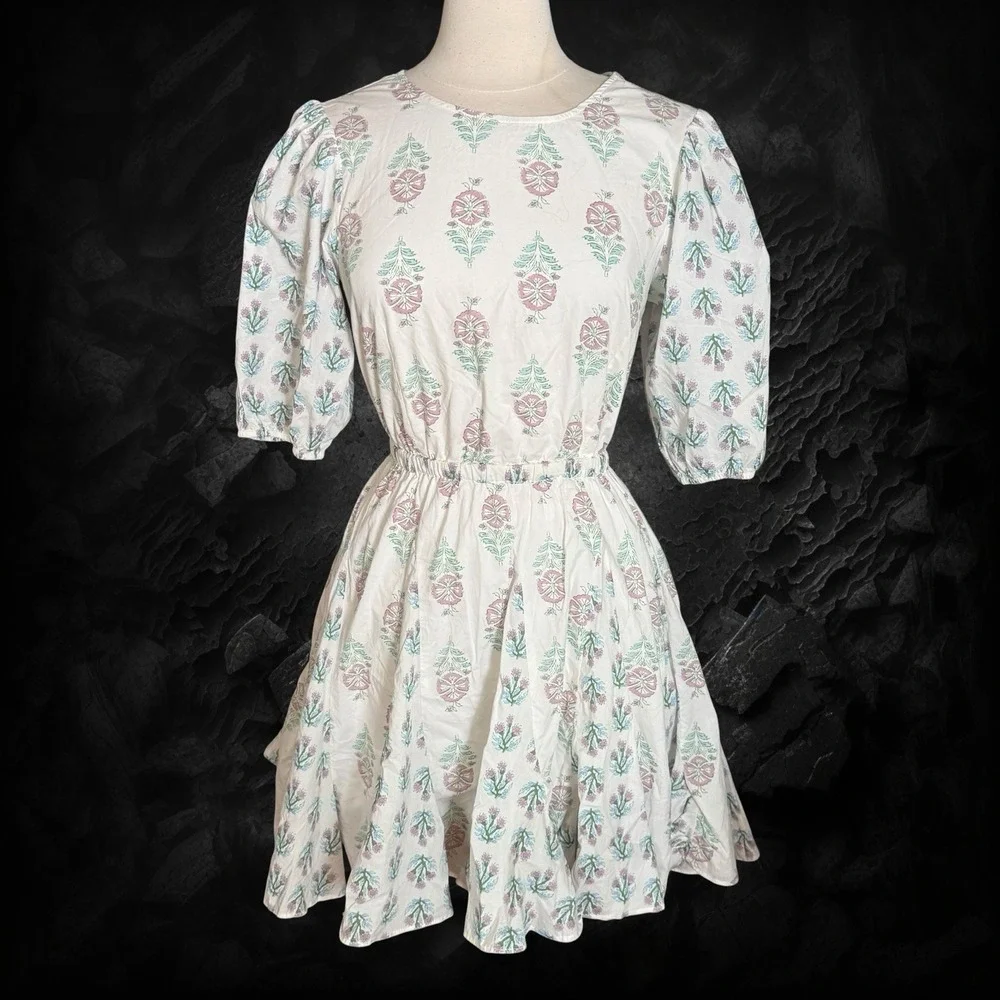 Christian Lacroix Tie Back Mini Dress Size S Lined Fit and Flare Puff‎ Sleeve
